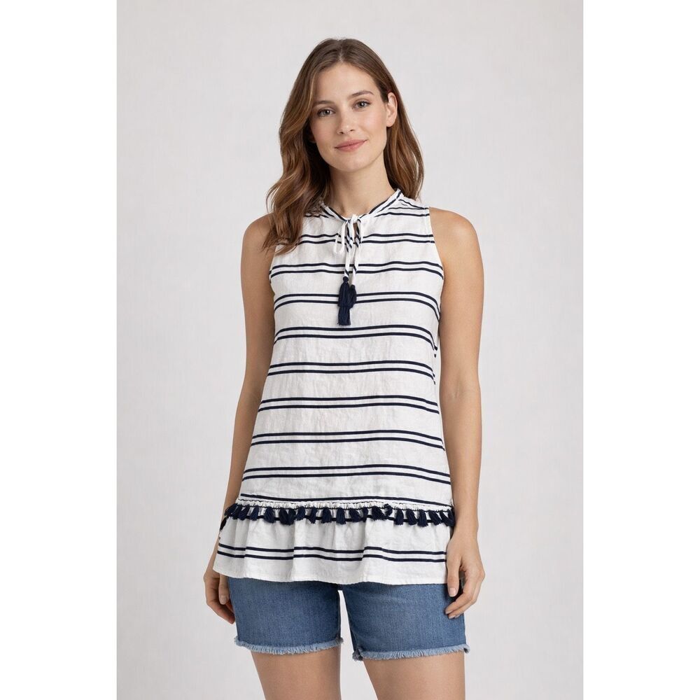 Charter Club Linen Stripe Sleeveless Tunic Top Ruffle Hem M